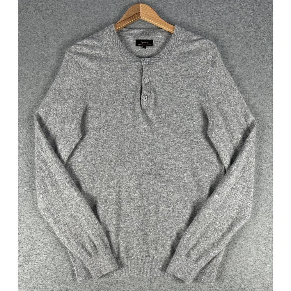 Quince Henley Sweater Mens Large Grey Mongolian Cashmere Quiet Luxury Minimalist